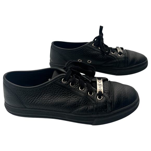 Gucci Womens Logo Plate Pebbled Nappa Leather Low Top Sneakers Black Size 6.5 - Picture 1 of 10